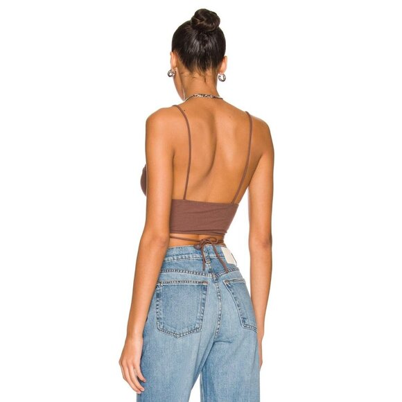 SUPERDOWN Daliah Brown Ribbed Jersey Ruched Cropped Cami Wrap Tank Top, Size S - Picture 3 of 9